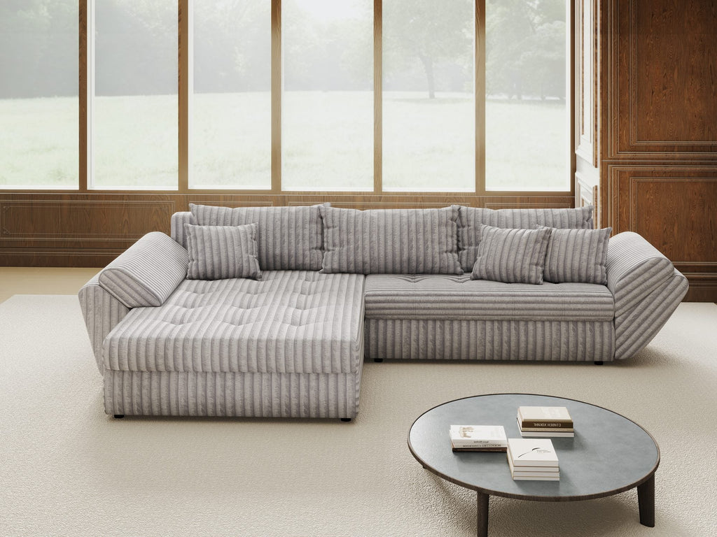 Colțar extensibil dumonde cu ladă de depozitare si sezut confortabil din spuma high-density, Loana Tilia Gri 270x185 cm
