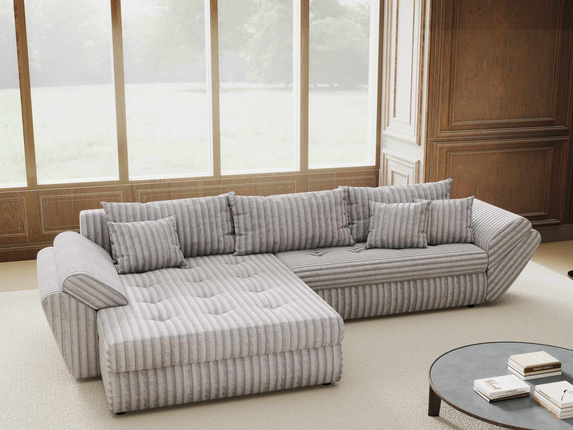 Colțar extensibil dumonde cu ladă de depozitare si sezut confortabil din spuma high-density, Loana Tilia Gri 270x185 cm