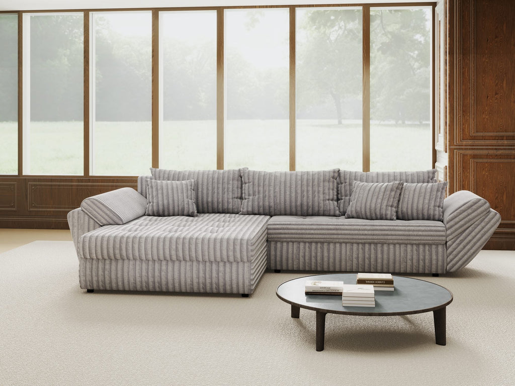 Colțar extensibil dumonde cu ladă de depozitare si sezut confortabil din spuma high-density, Loana Tilia Gri 270x185 cm