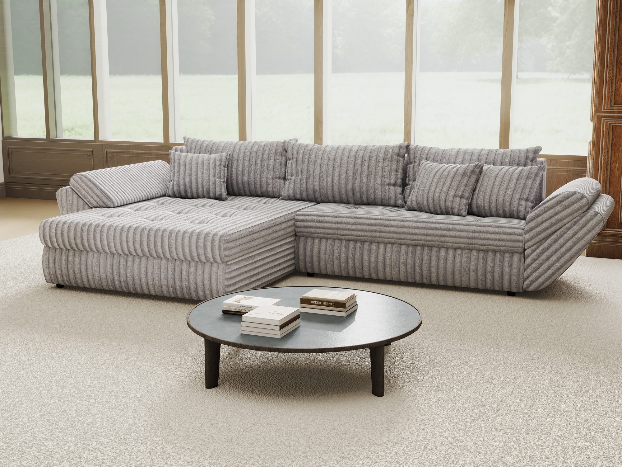 Colțar extensibil dumonde cu ladă de depozitare si sezut confortabil din spuma high-density, Loana Tilia Gri 270x185 cm