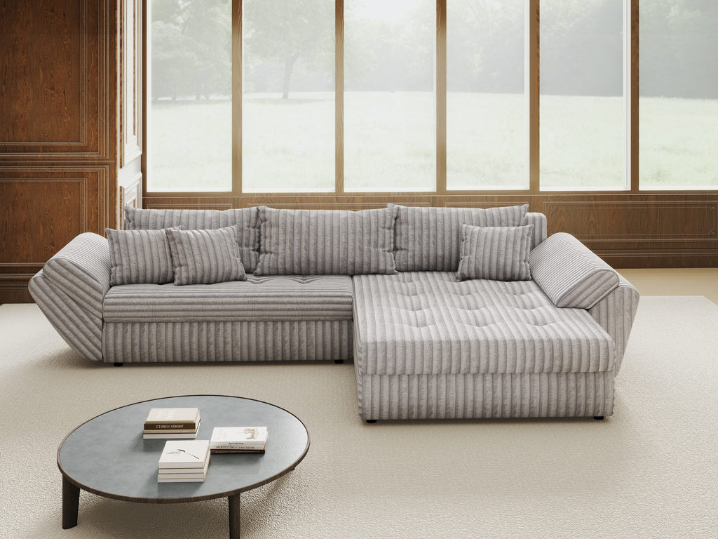 Colțar extensibil dumonde cu ladă de depozitare si sezut confortabil din spuma high-density, Loana Tilia Gri II 270x185 cm