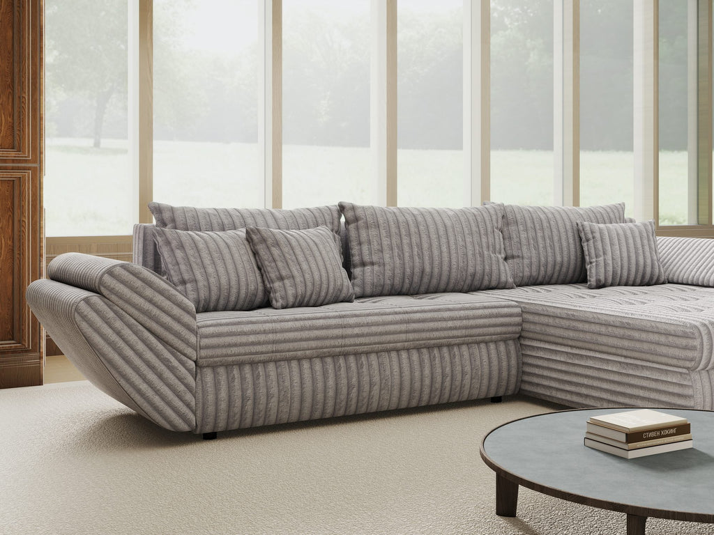 Colțar extensibil dumonde cu ladă de depozitare si sezut confortabil din spuma high-density, Loana Tilia Gri II 270x185 cm