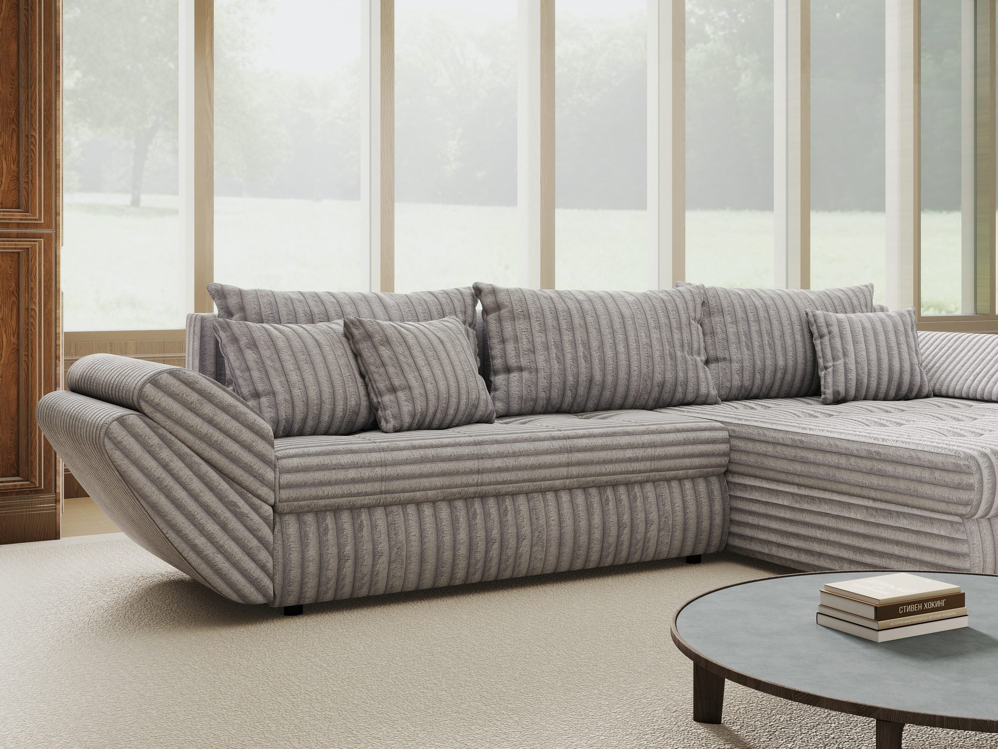 Colțar extensibil dumonde cu ladă de depozitare si sezut confortabil din spuma high-density, Loana Tilia Gri II 270x185 cm
