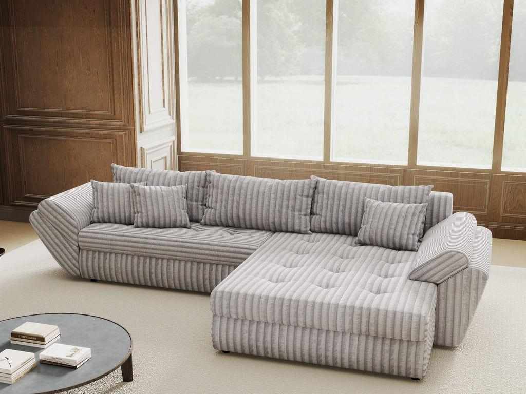 Colțar extensibil dumonde cu ladă de depozitare si sezut confortabil din spuma high-density, Loana Tilia Gri II 270x185 cm