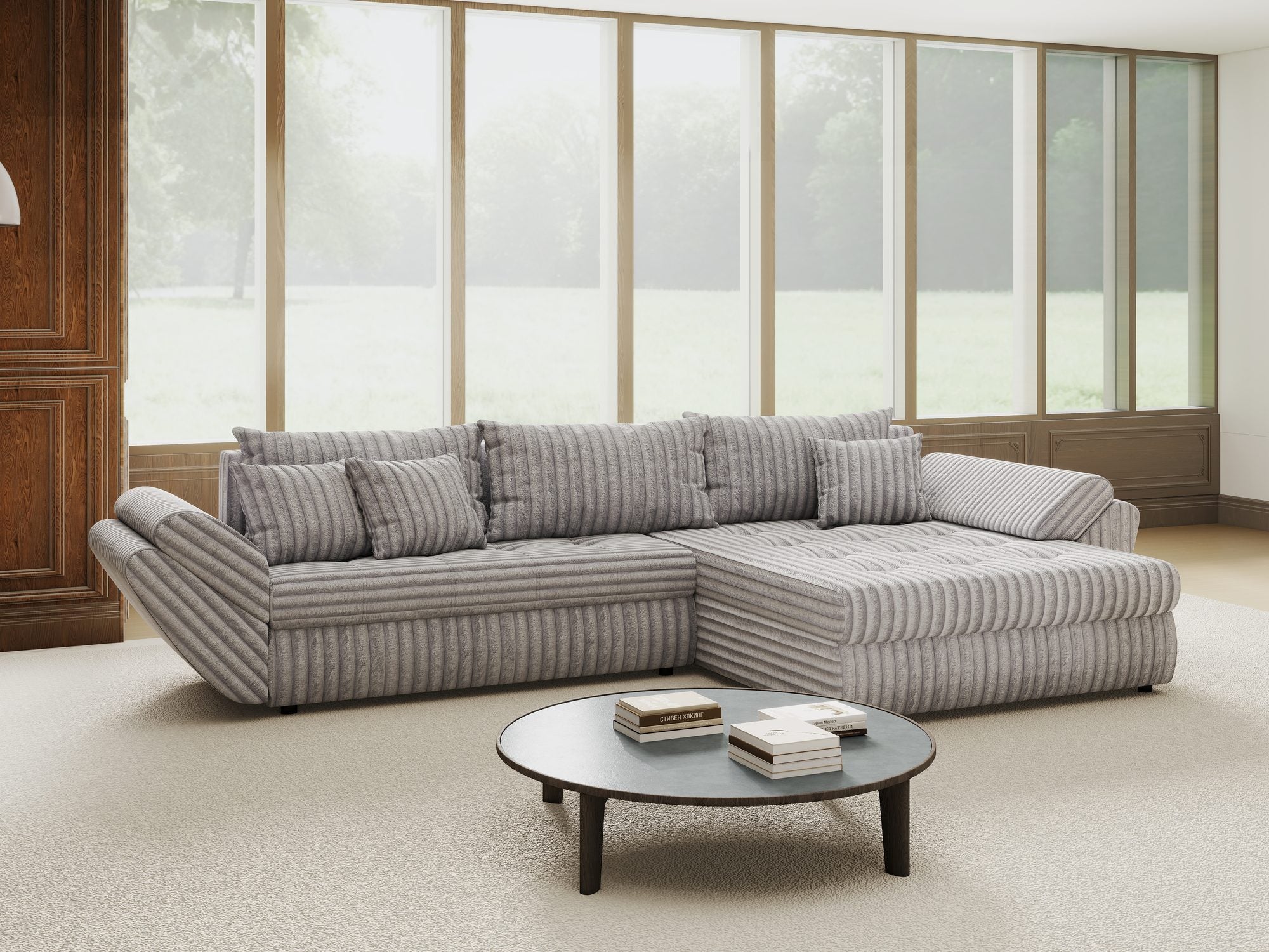 Colțar extensibil dumonde cu ladă de depozitare si sezut confortabil din spuma high-density, Loana Tilia Gri II 270x185 cm
