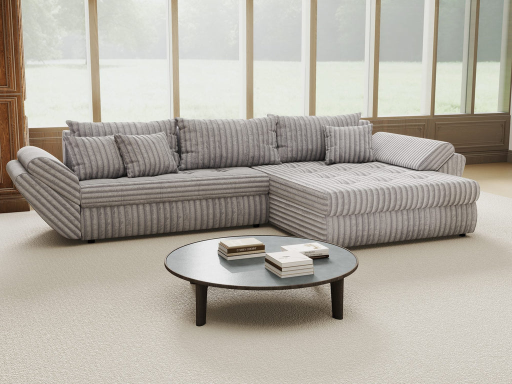 Colțar extensibil dumonde cu ladă de depozitare si sezut confortabil din spuma high-density, Loana Tilia Gri II 270x185 cm