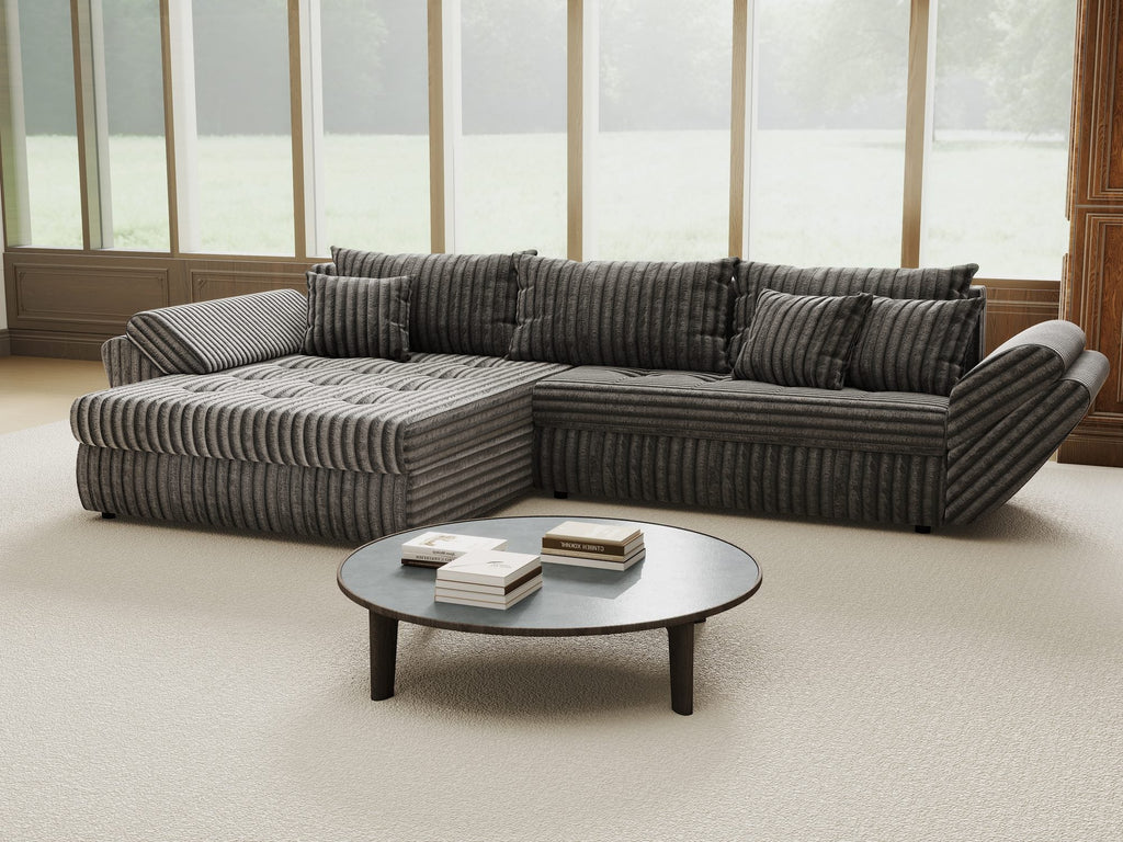Colțar extensibil dumonde cu ladă de depozitare si sezut confortabil din spuma high-density, Loana Tilia Gri 270x185 cm