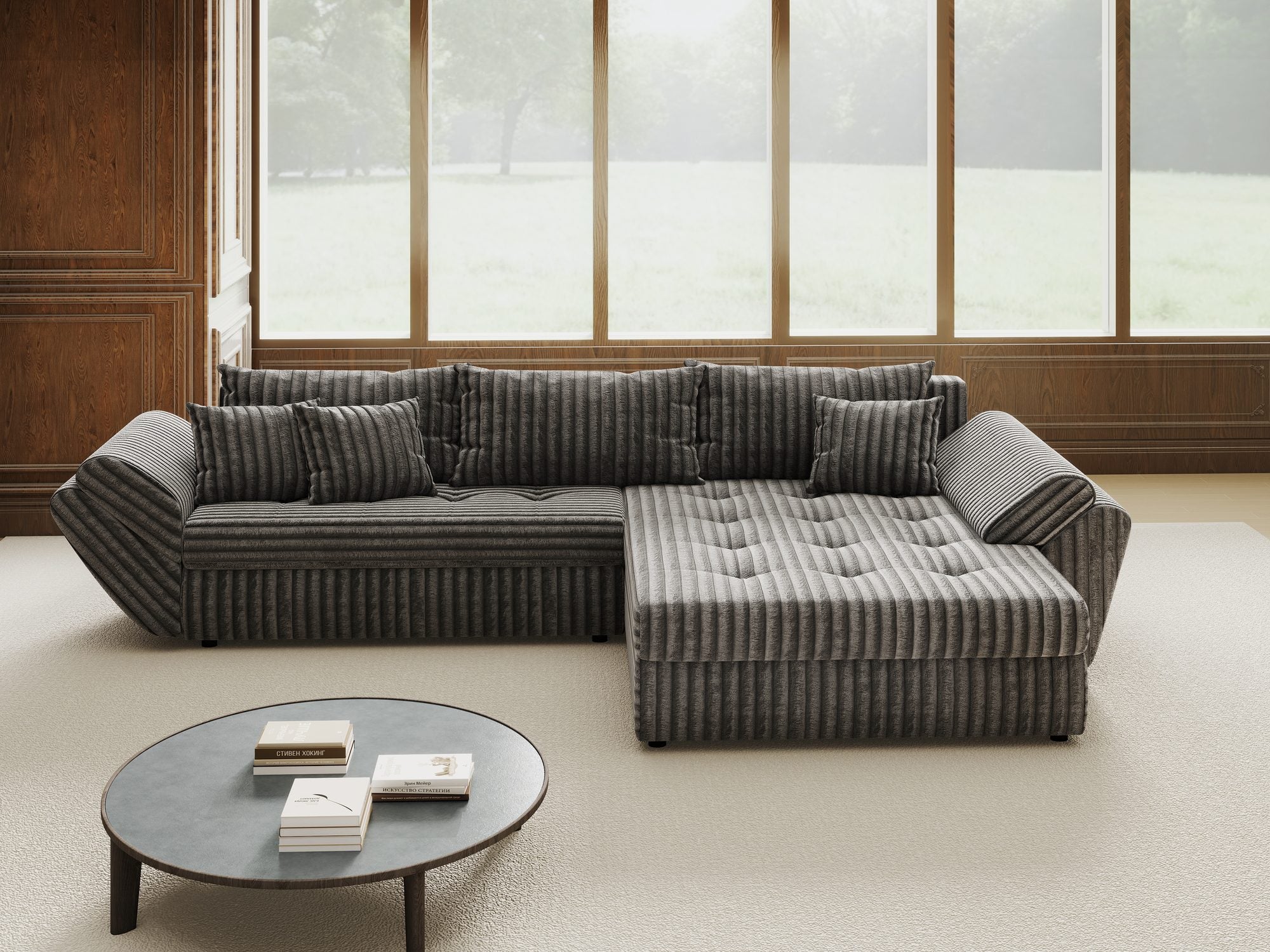 Colțar extensibil dumonde cu ladă de depozitare si sezut confortabil din spuma high-density, Loana Tilia Gri II 270x185 cm