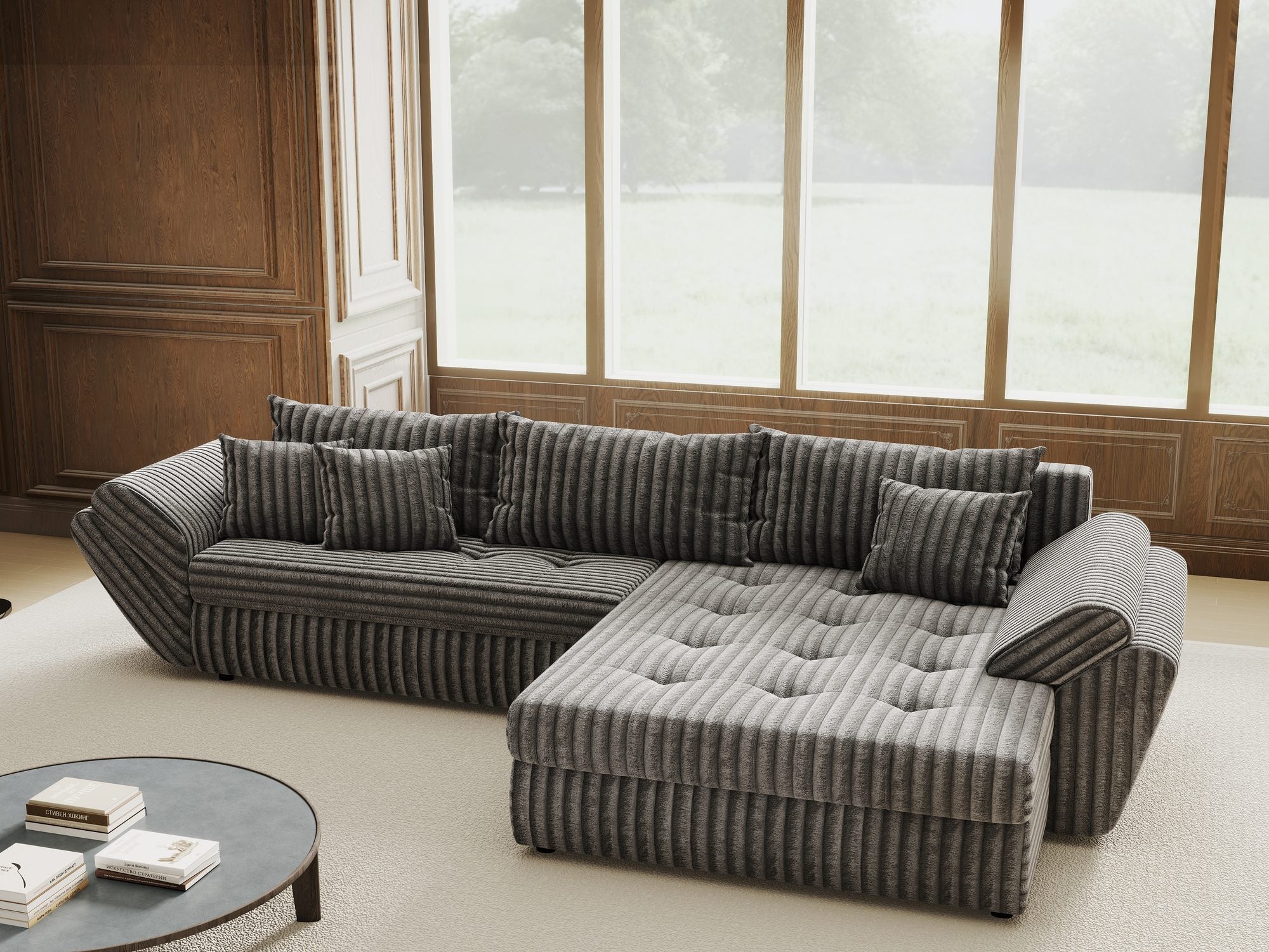 Colțar extensibil dumonde cu ladă de depozitare si sezut confortabil din spuma high-density, Loana Tilia Gri II 270x185 cm