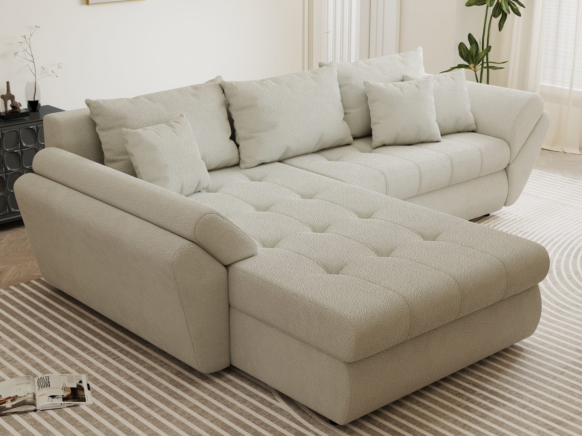 Colțar extensibil dumonde cu ladă de depozitare si sezut confortabil din spuma high-density, Loana Vibe Bej 270x185 cm
