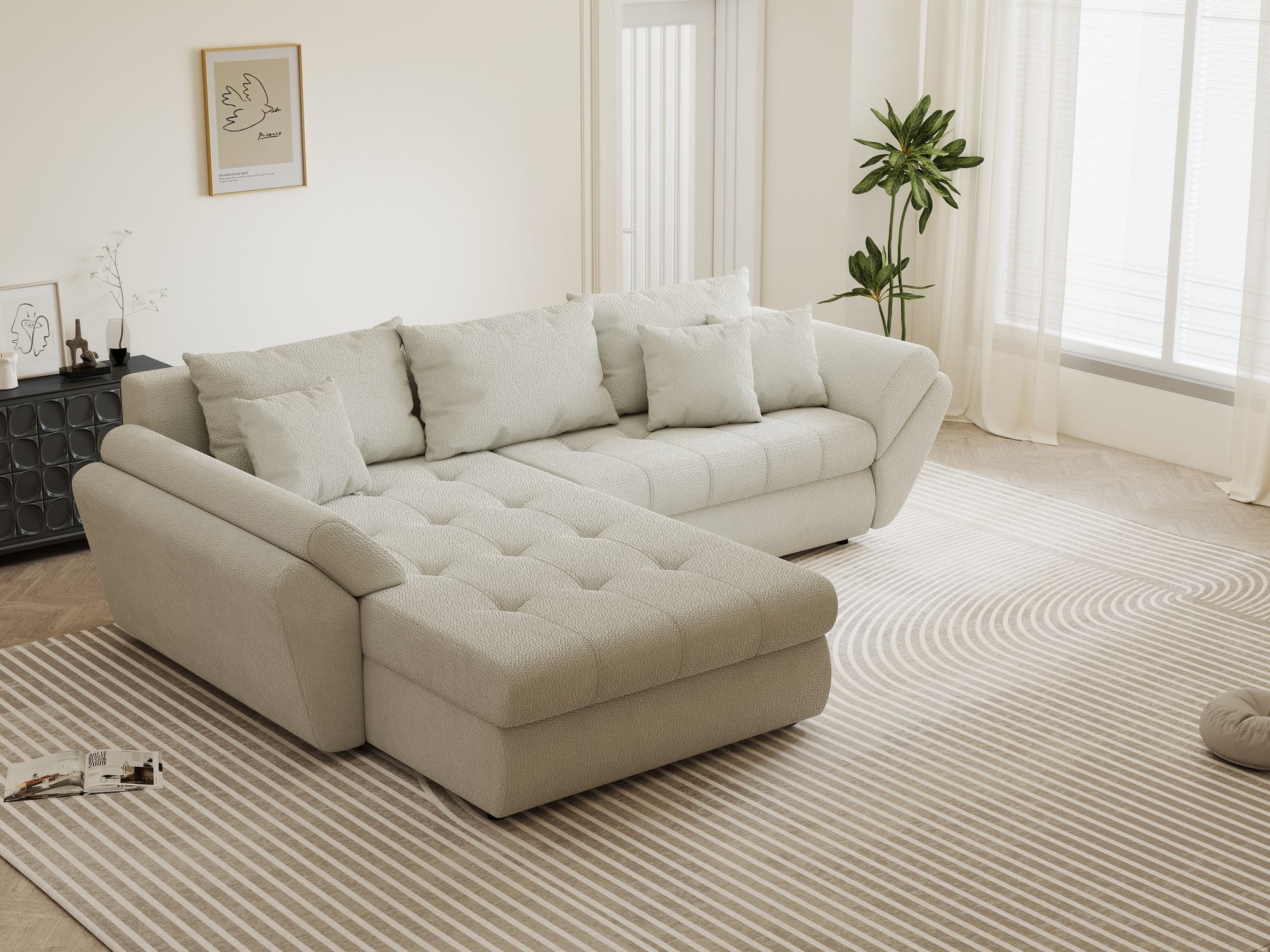 Colțar extensibil dumonde cu ladă de depozitare si sezut confortabil din spuma high-density, Loana Vibe Bej 270x185 cm