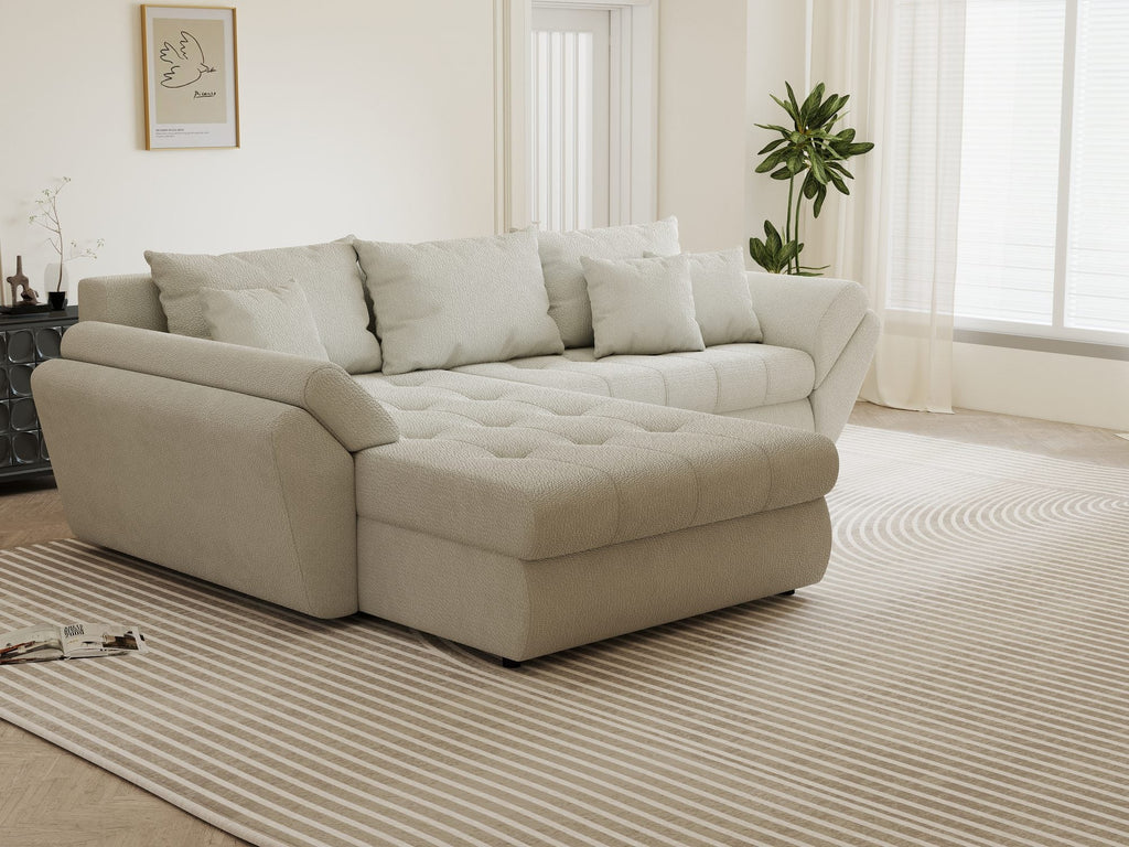 Colțar extensibil dumonde cu ladă de depozitare si sezut confortabil din spuma high-density, Loana Vibe Bej 270x185 cm