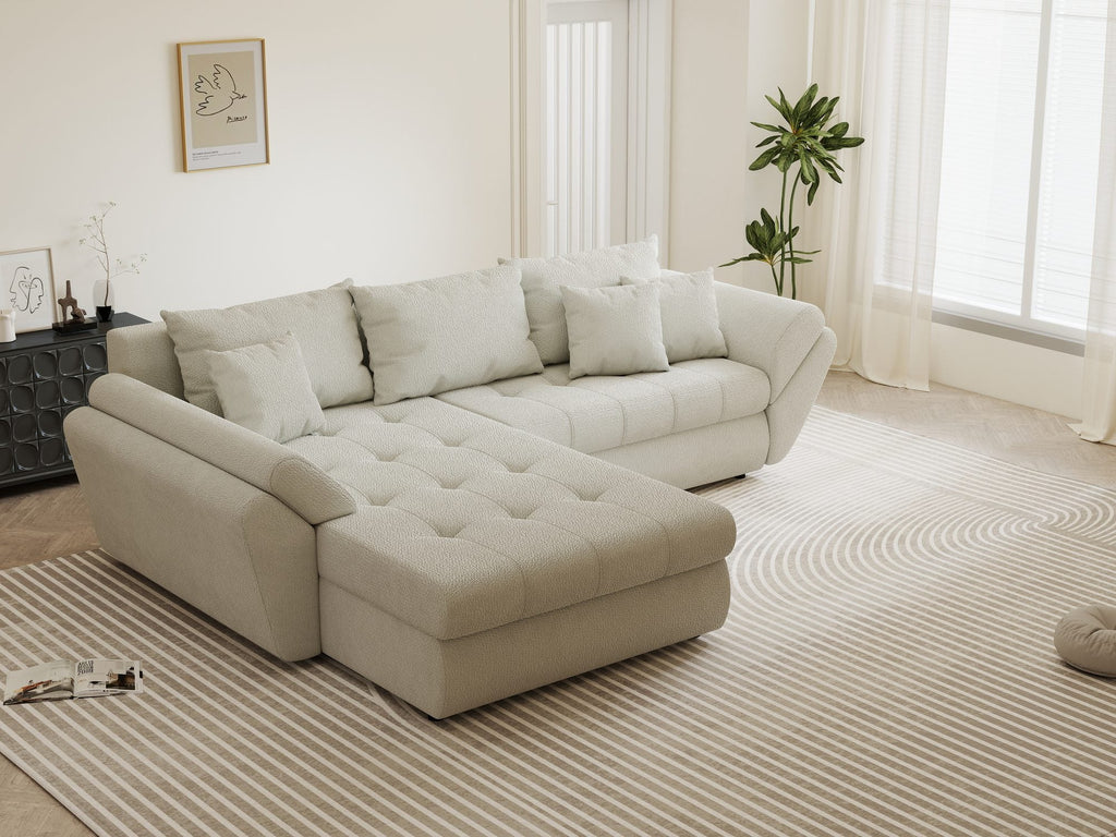 Colțar extensibil dumonde cu ladă de depozitare si sezut confortabil din spuma high-density, Loana Vibe Bej 270x185 cm