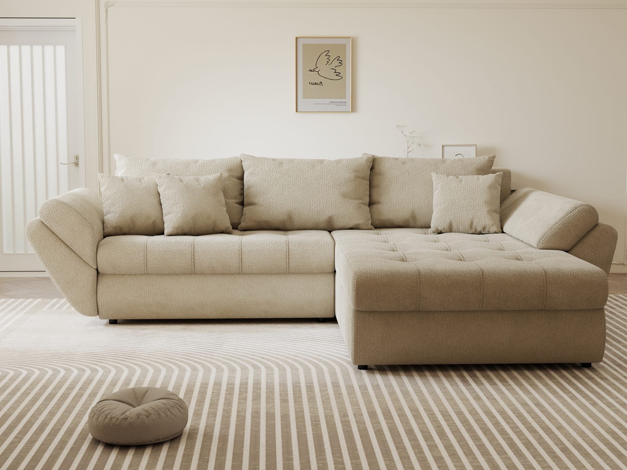 Colțar extensibil dumonde cu ladă de depozitare si sezut confortabil din spuma high-density, Loana Vibe Bej II 270x185 cm
