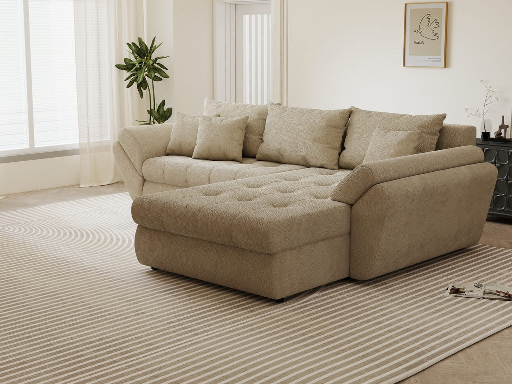 Colțar extensibil dumonde cu ladă de depozitare si sezut confortabil din spuma high-density, Loana Vibe Bej II 270x185 cm