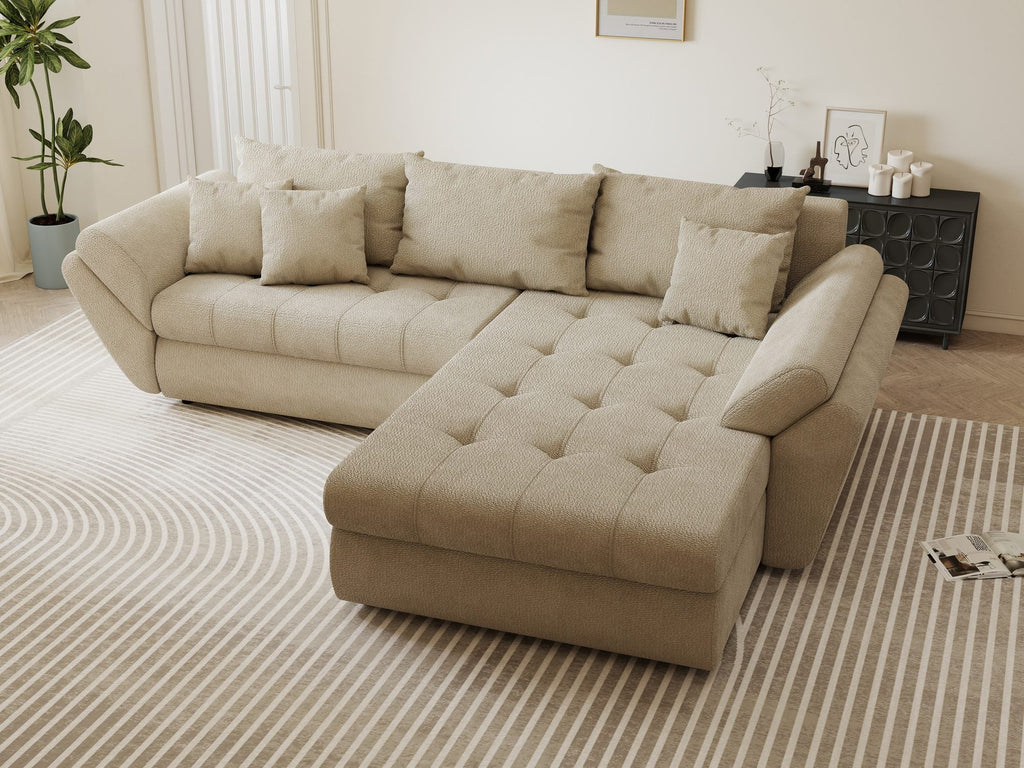 Colțar extensibil dumonde cu ladă de depozitare si sezut confortabil din spuma high-density, Loana Vibe Bej II 270x185 cm