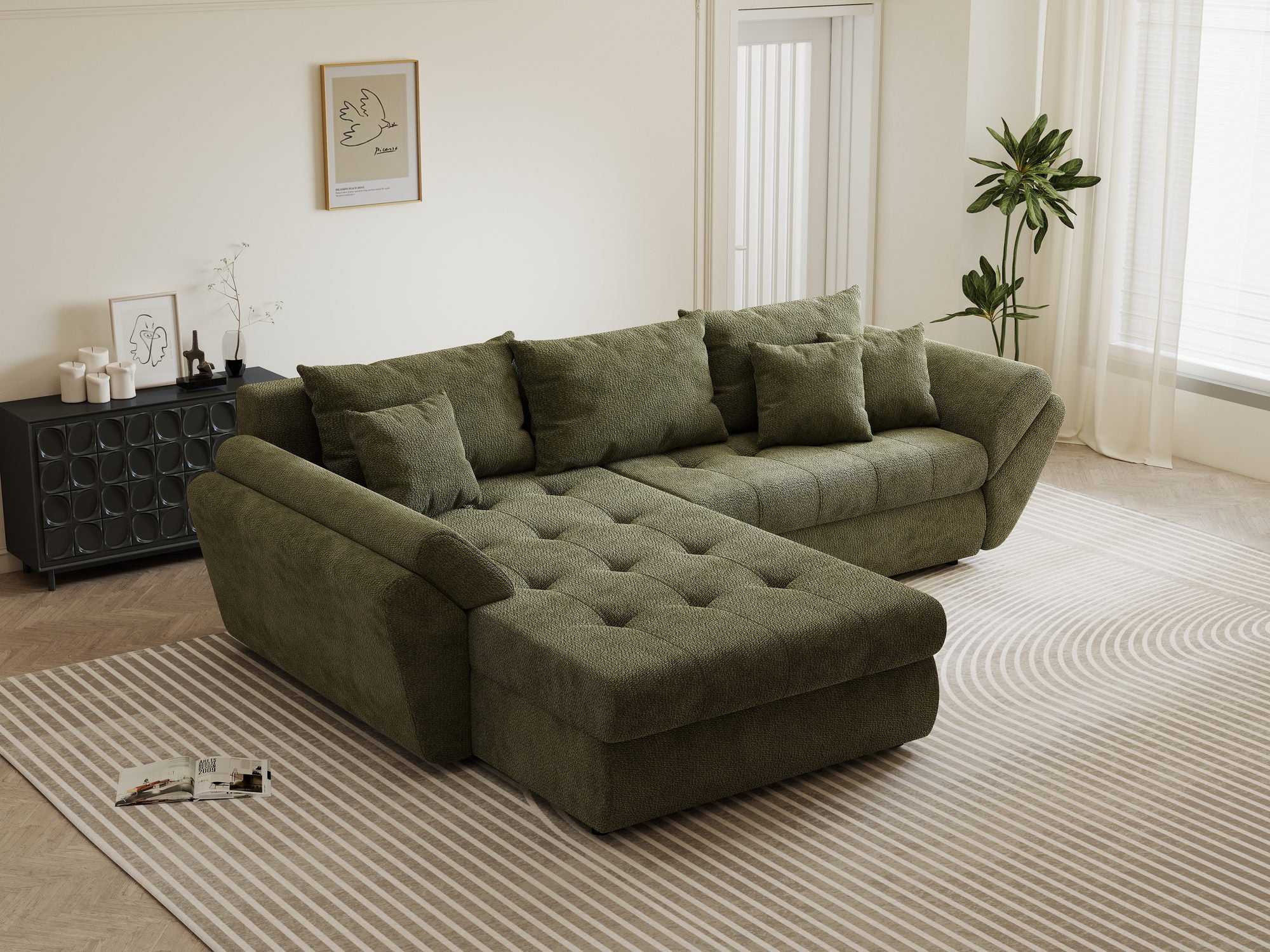 Colțar extensibil dumonde cu ladă de depozitare si sezut confortabil din spuma high-density, Loana Vibe Olive 270x185 cm