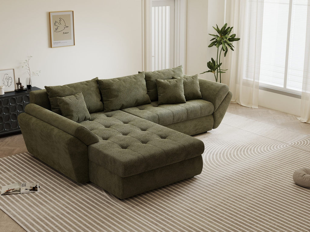 Colțar extensibil dumonde cu ladă de depozitare si sezut confortabil din spuma high-density, Loana Vibe Olive 270x185 cm