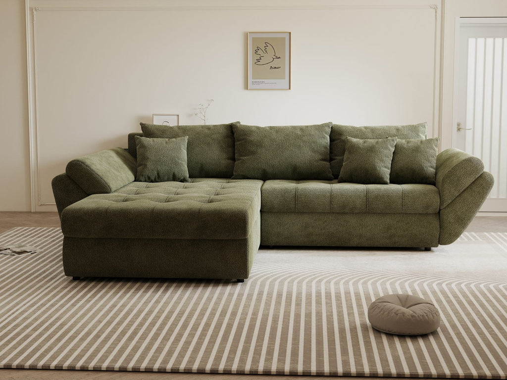 Colțar extensibil dumonde cu ladă de depozitare si sezut confortabil din spuma high-density, Loana Vibe Olive 270x185 cm