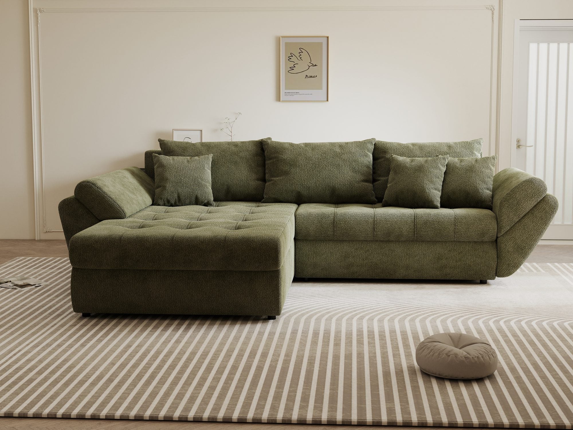 Colțar extensibil dumonde cu ladă de depozitare si sezut confortabil din spuma high-density, Loana Vibe Olive 270x185 cm