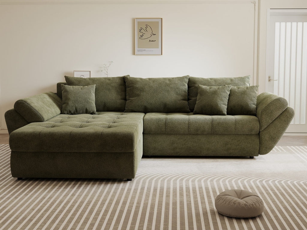 Colțar extensibil dumonde cu ladă de depozitare si sezut confortabil din spuma high-density, Loana Vibe Olive 270x185 cm