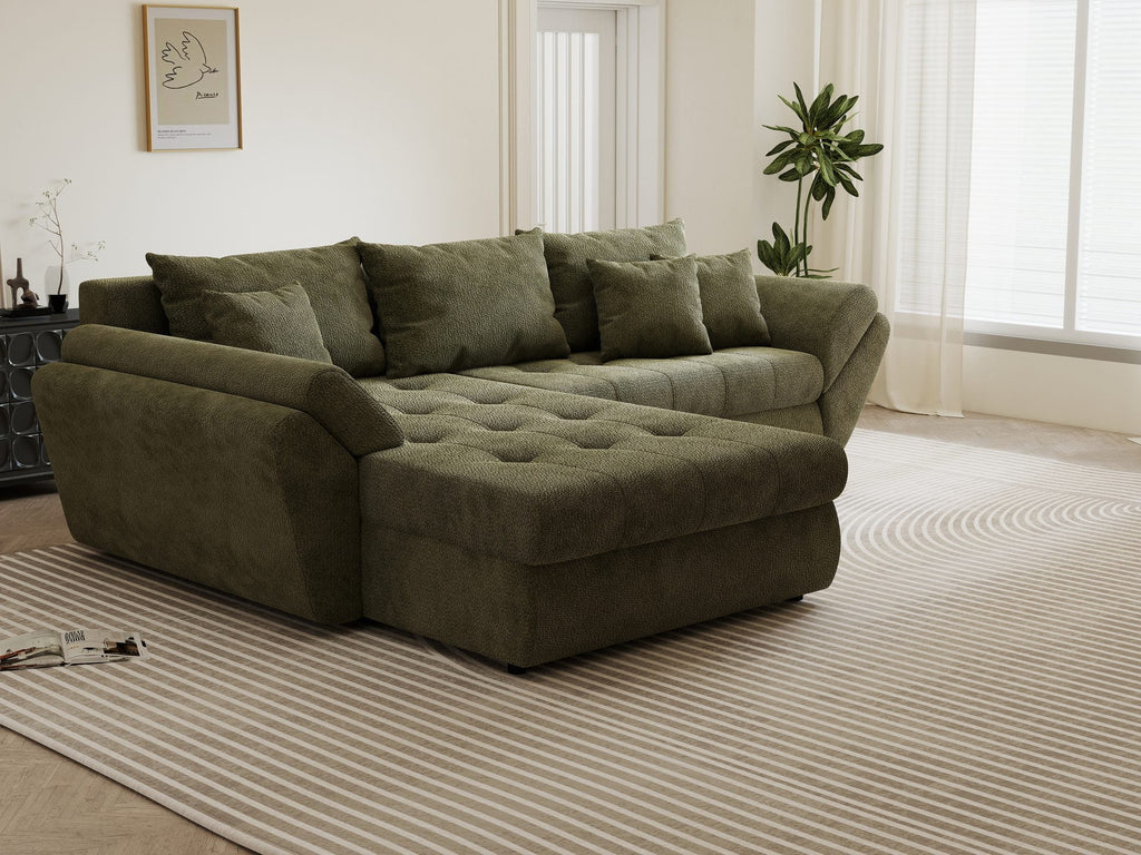 Colțar extensibil dumonde cu ladă de depozitare si sezut confortabil din spuma high-density, Loana Vibe Olive 270x185 cm