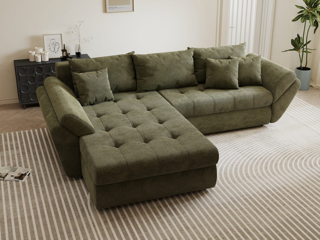 Colțar extensibil dumonde cu ladă de depozitare si sezut confortabil din spuma high-density, Loana Vibe Olive 270x185 cm