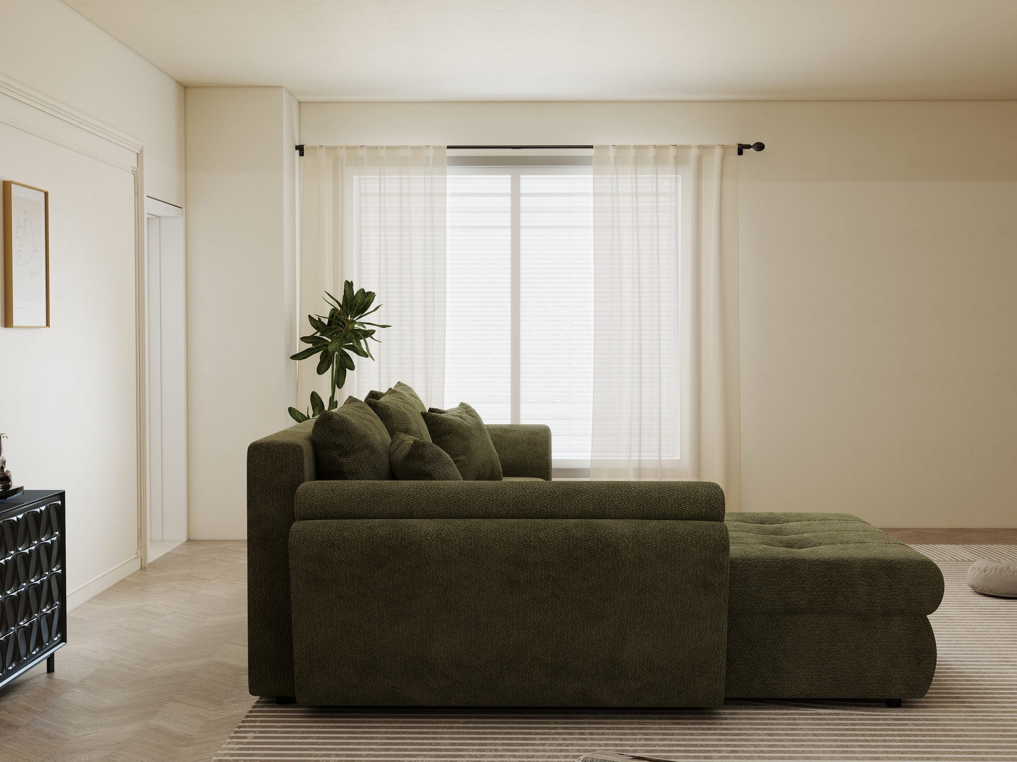 Colțar extensibil dumonde cu ladă de depozitare si sezut confortabil din spuma high-density, Loana Vibe Olive 270x185 cm