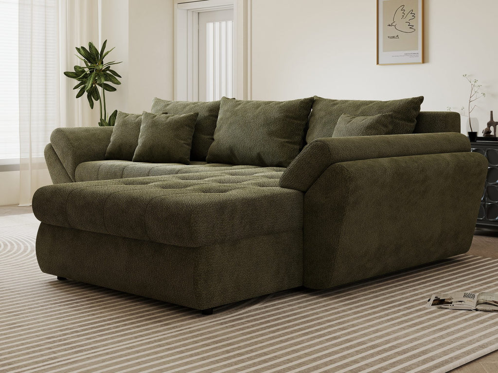 Colțar extensibil dumonde cu ladă de depozitare si sezut confortabil din spuma high-density, Loana Vibe Olive II 270x185 cm