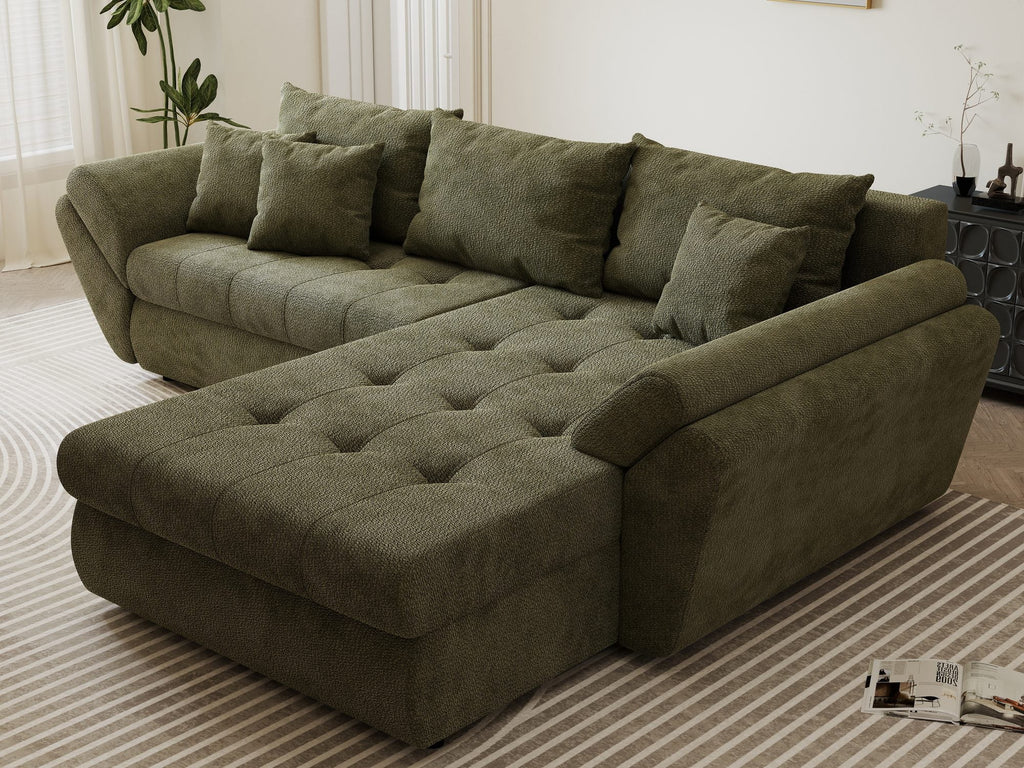 Colțar extensibil dumonde cu ladă de depozitare si sezut confortabil din spuma high-density, Loana Vibe Olive II 270x185 cm