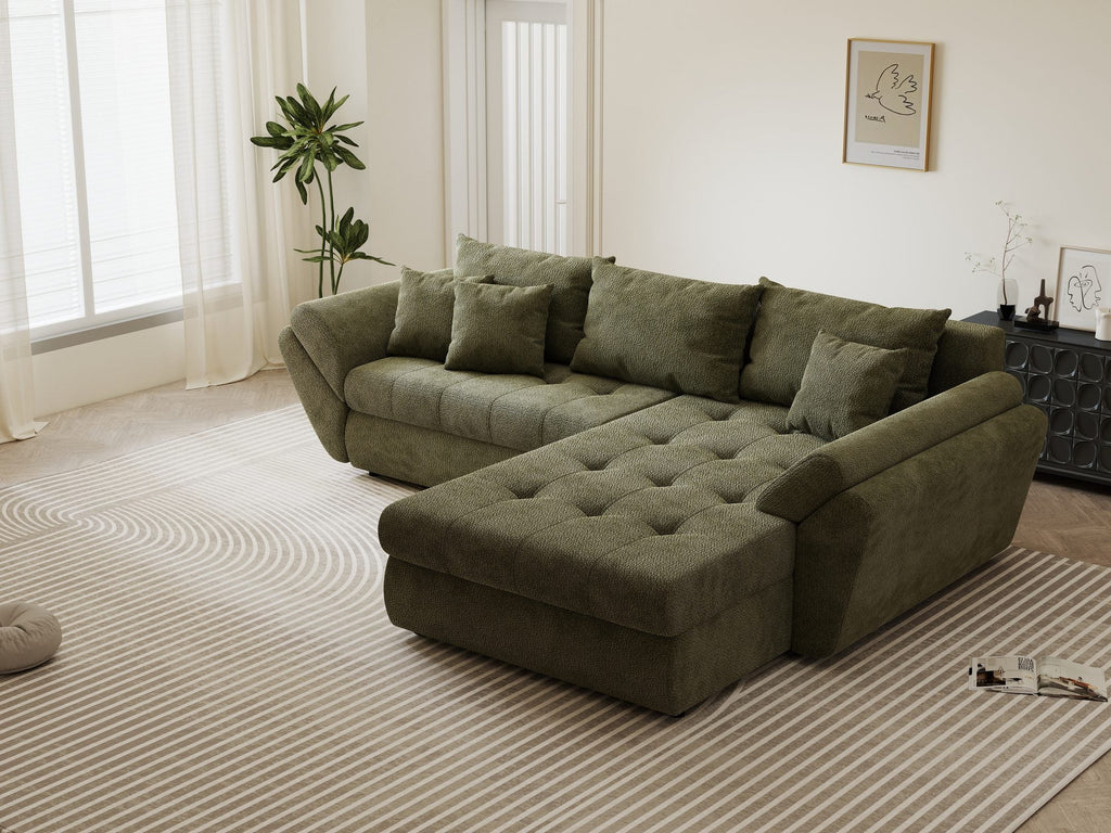Colțar extensibil dumonde cu ladă de depozitare si sezut confortabil din spuma high-density, Loana Vibe Olive II 270x185 cm