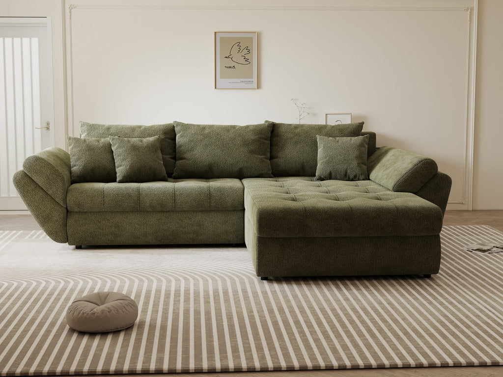 Colțar extensibil dumonde cu ladă de depozitare si sezut confortabil din spuma high-density, Loana Vibe Olive II 270x185 cm