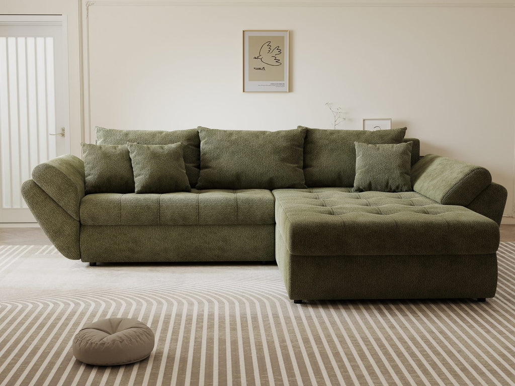 Colțar extensibil dumonde cu ladă de depozitare si sezut confortabil din spuma high-density, Loana Vibe Olive II 270x185 cm