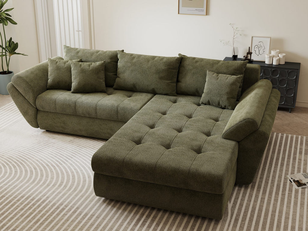 Colțar extensibil dumonde cu ladă de depozitare si sezut confortabil din spuma high-density, Loana Vibe Olive II 270x185 cm