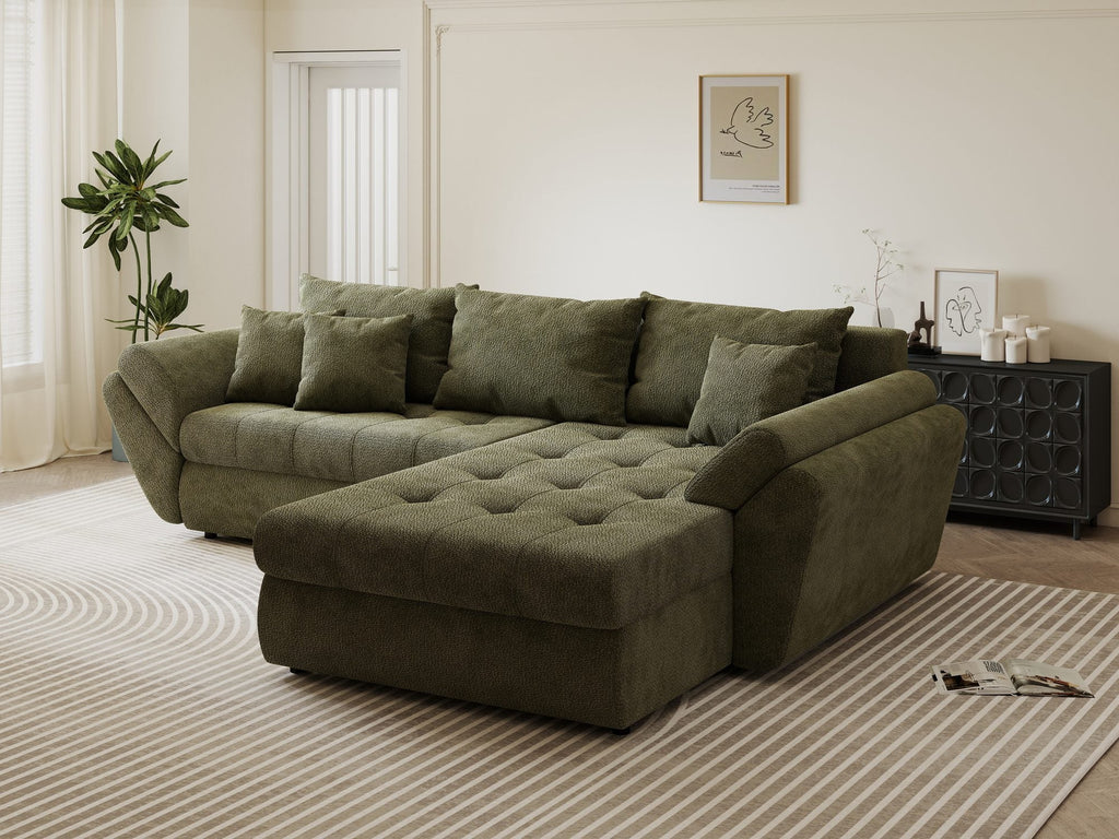 Colțar extensibil dumonde cu ladă de depozitare si sezut confortabil din spuma high-density, Loana Vibe Olive II 270x185 cm