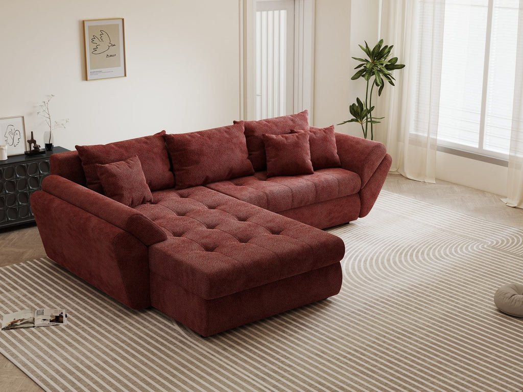Colțar extensibil dumonde cu ladă de depozitare si sezut confortabil din spuma high-density, Loana Vibe Rosu 270x185 cm