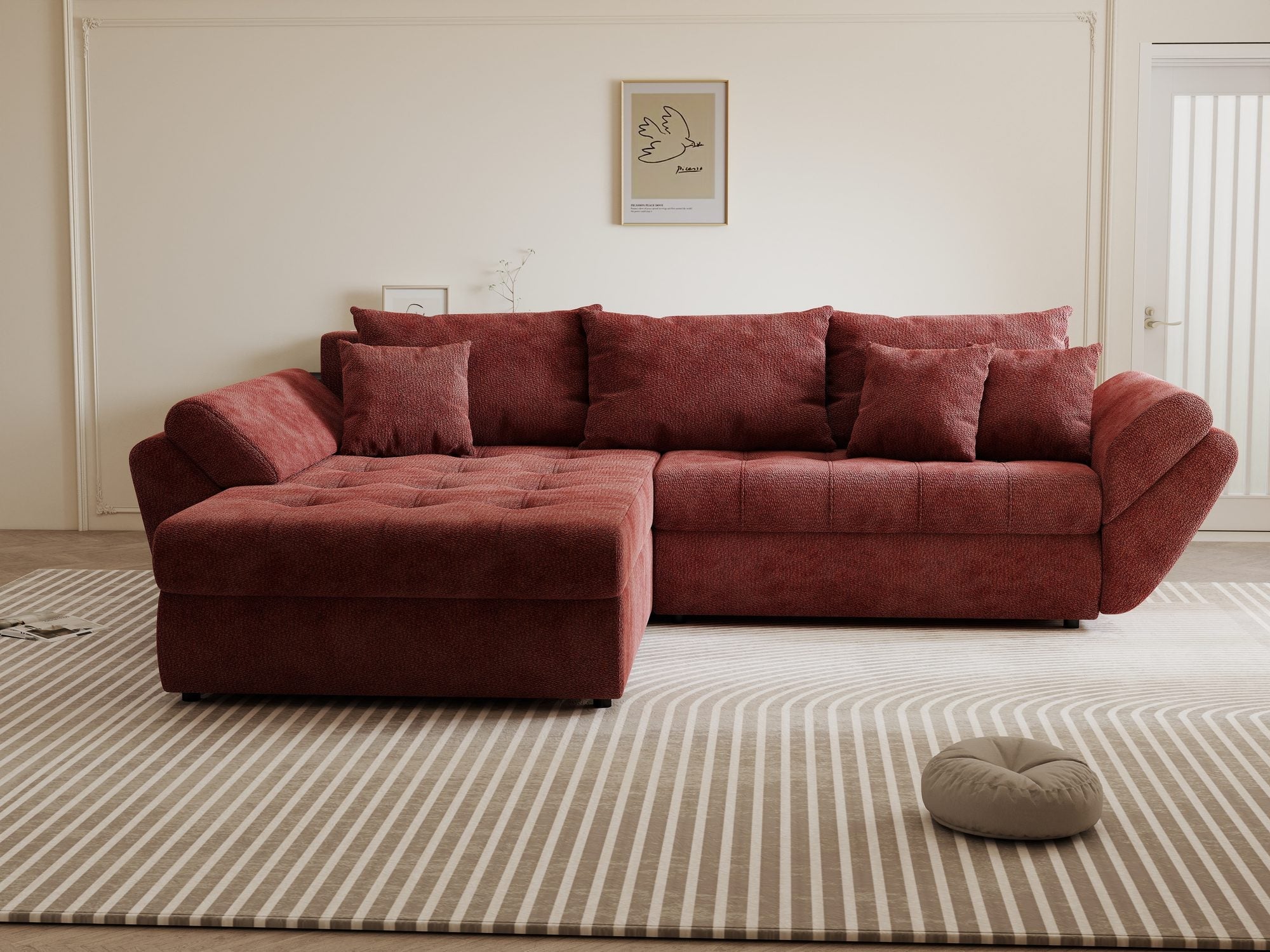Colțar extensibil dumonde cu ladă de depozitare si sezut confortabil din spuma high-density, Loana Vibe Rosu 270x185 cm