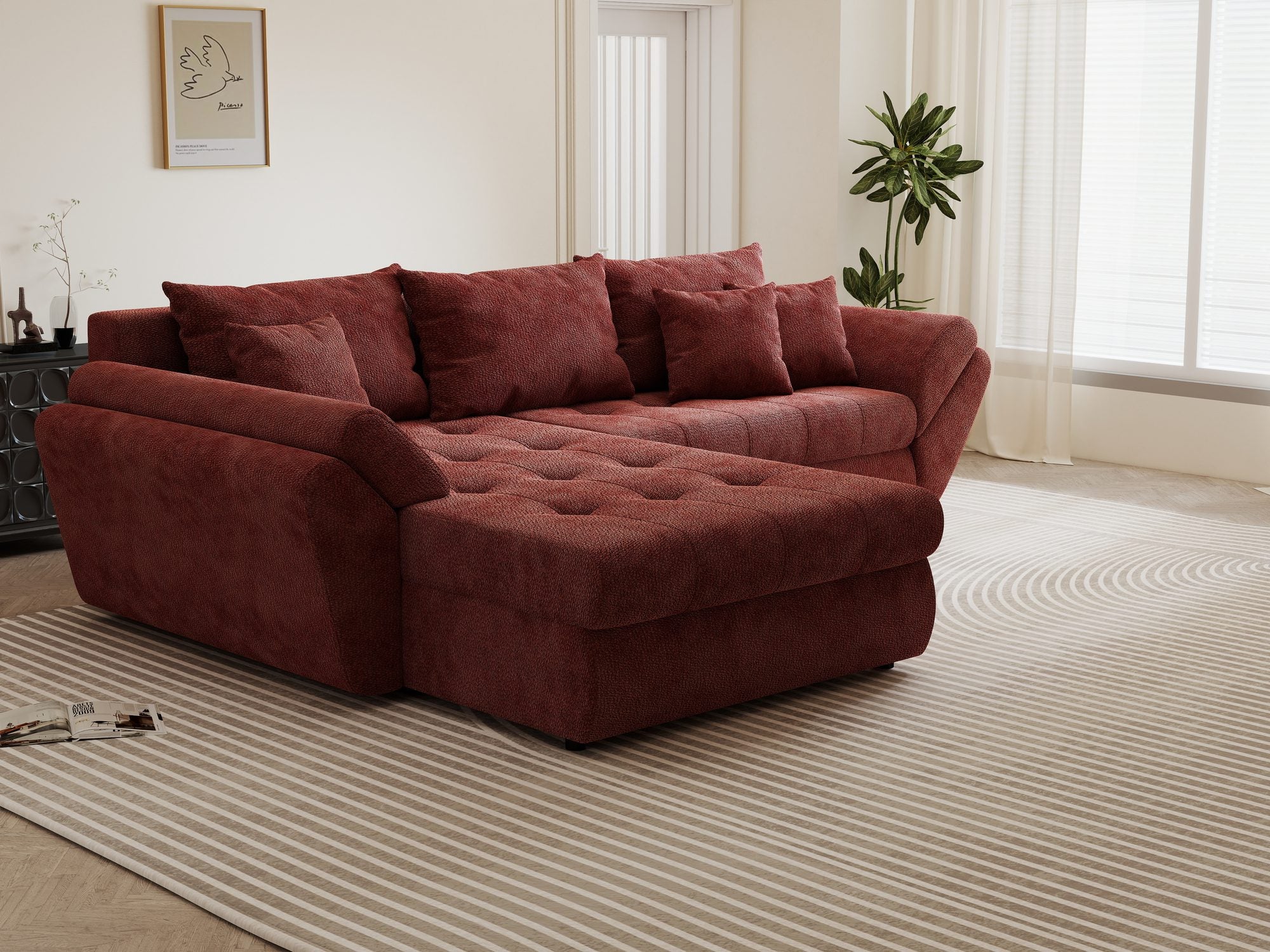 Colțar extensibil dumonde cu ladă de depozitare si sezut confortabil din spuma high-density, Loana Vibe Rosu 270x185 cm