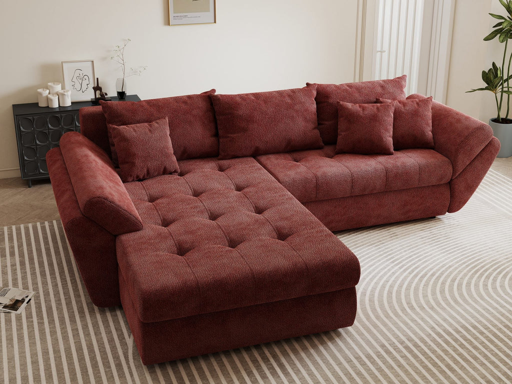 Colțar extensibil dumonde cu ladă de depozitare si sezut confortabil din spuma high-density, Loana Vibe Rosu 270x185 cm