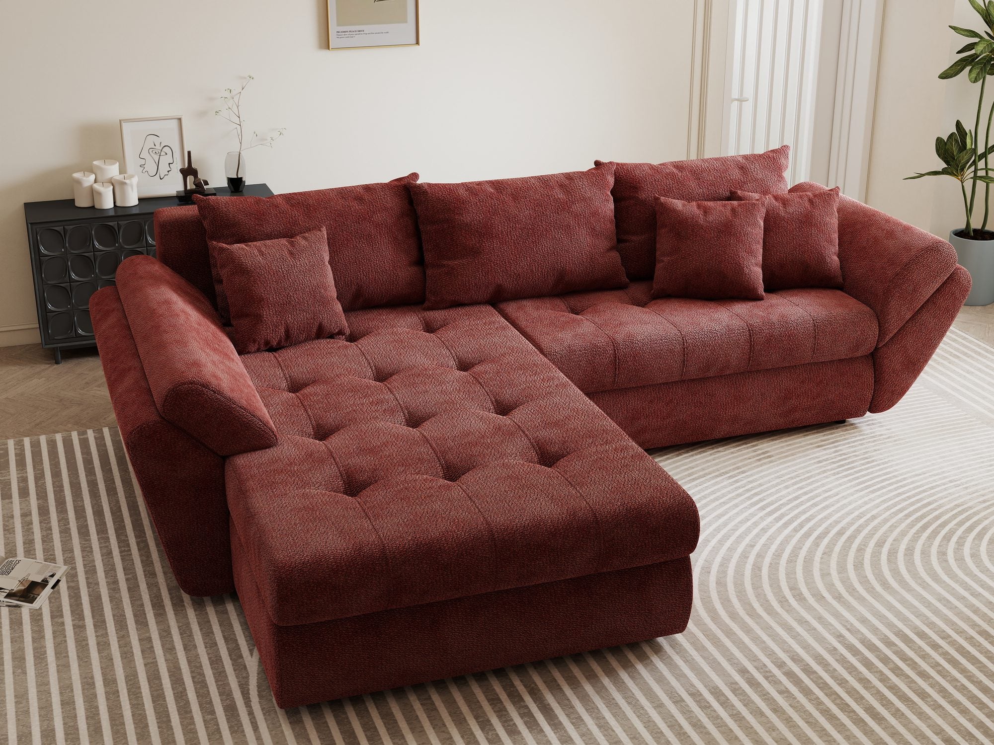 Colțar extensibil dumonde cu ladă de depozitare si sezut confortabil din spuma high-density, Loana Vibe Rosu 270x185 cm