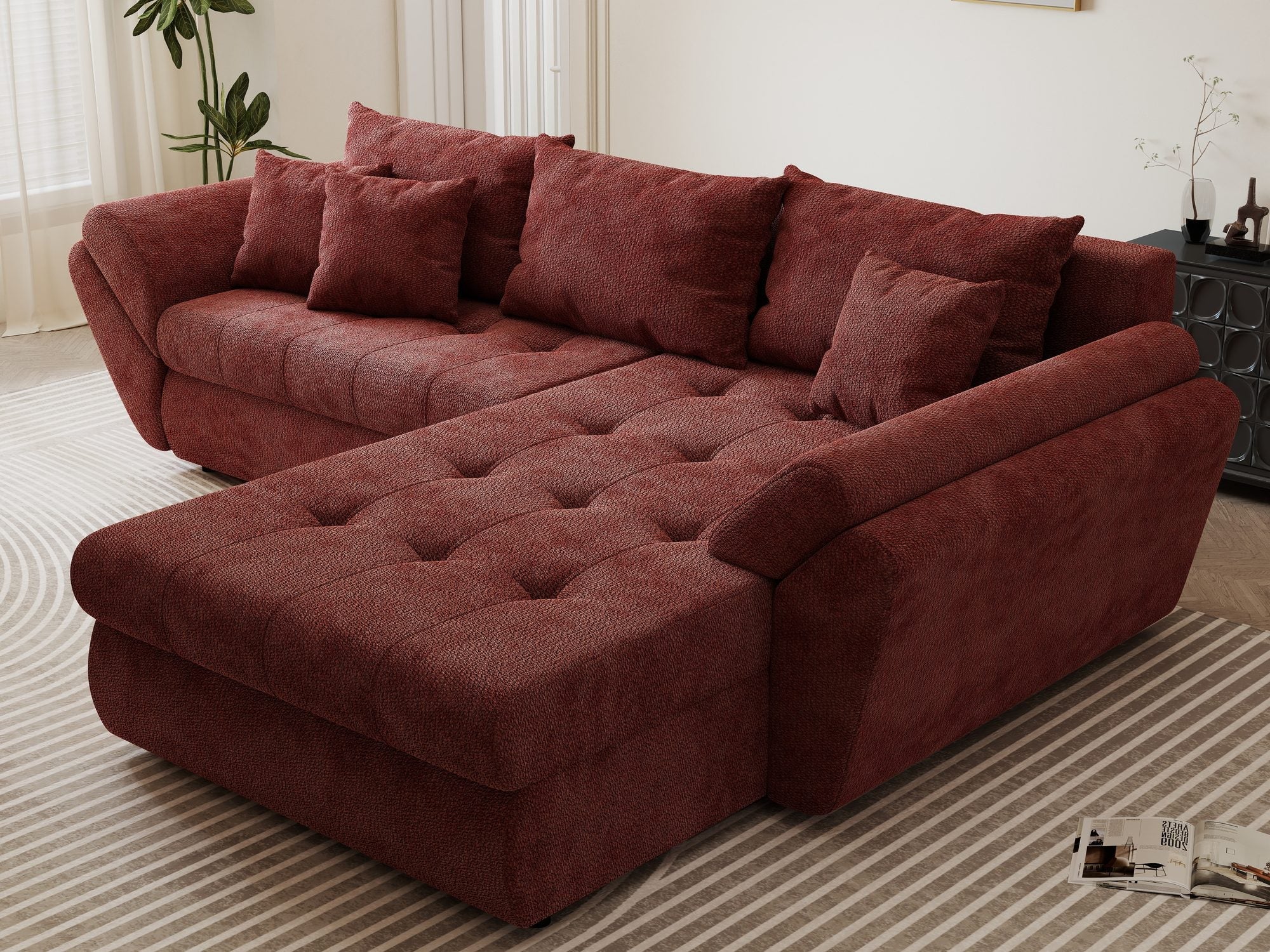 Colțar extensibil dumonde cu ladă de depozitare si sezut confortabil din spuma high-density, Loana Vibe Rosu II 270x185 cm