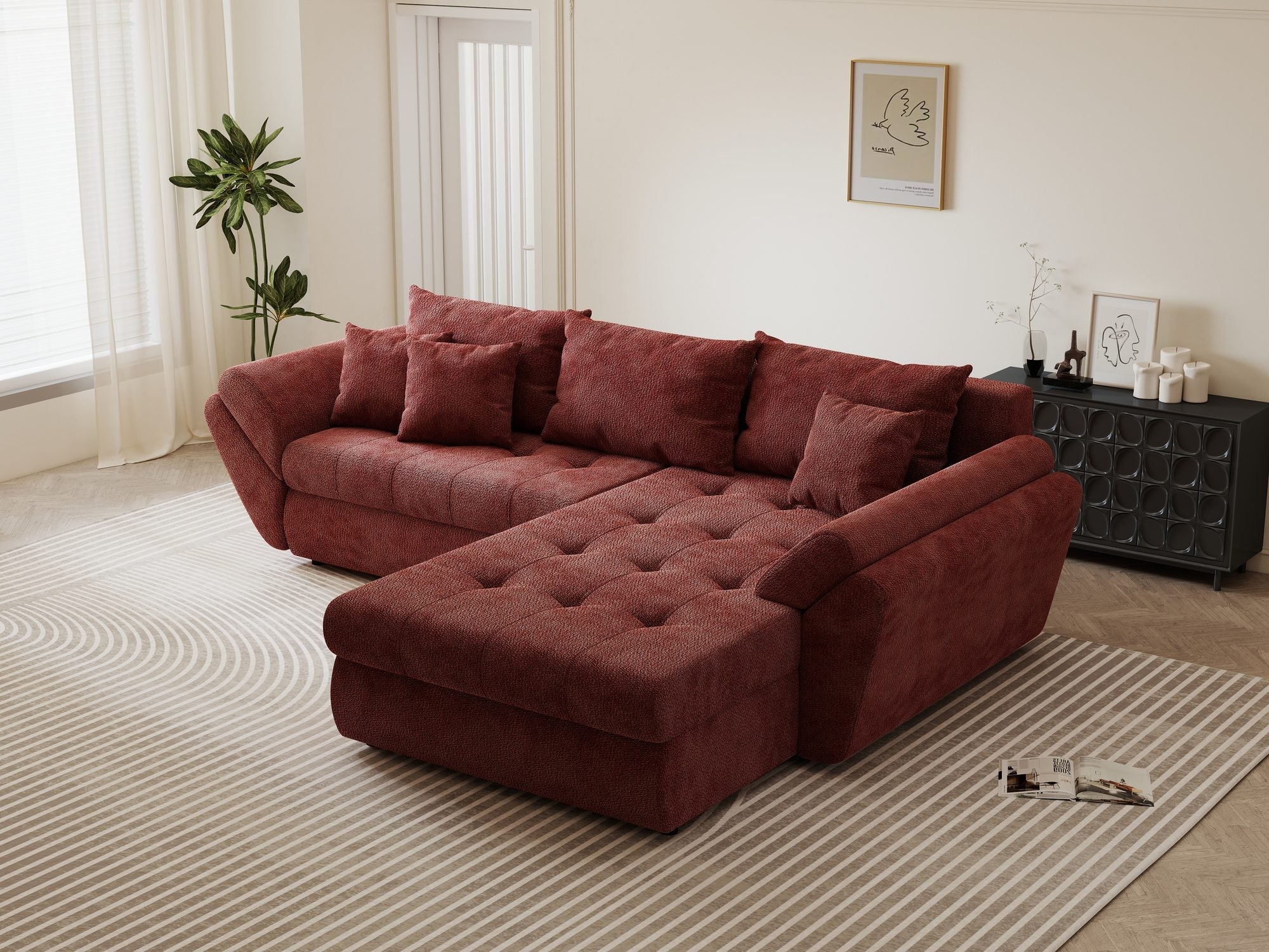 Colțar extensibil dumonde cu ladă de depozitare si sezut confortabil din spuma high-density, Loana Vibe Rosu II 270x185 cm
