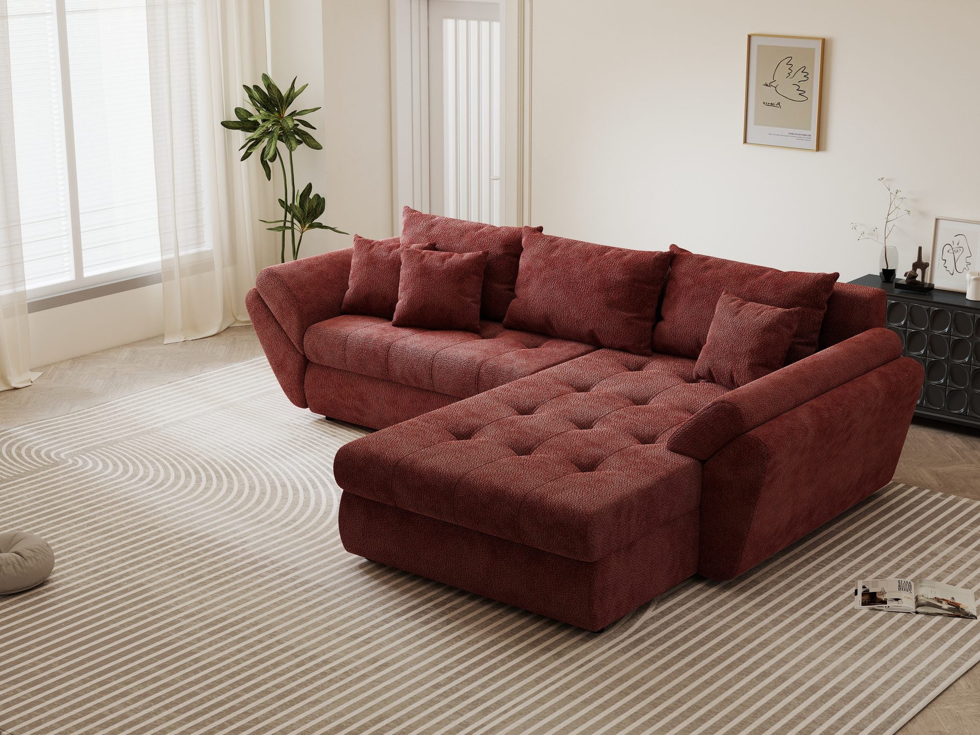 Colțar extensibil dumonde cu ladă de depozitare si sezut confortabil din spuma high-density, Loana Vibe Rosu II 270x185 cm