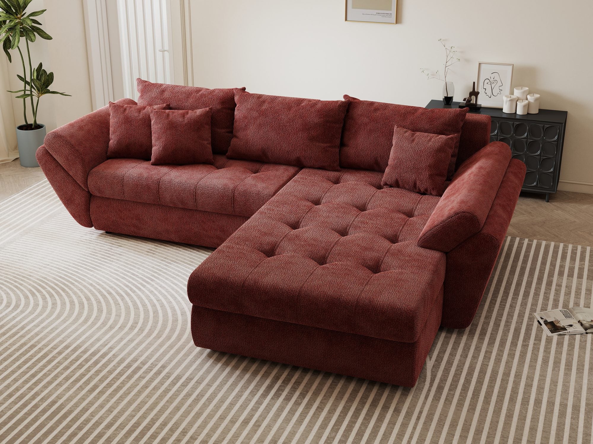 Colțar extensibil dumonde cu ladă de depozitare si sezut confortabil din spuma high-density, Loana Vibe Rosu II 270x185 cm