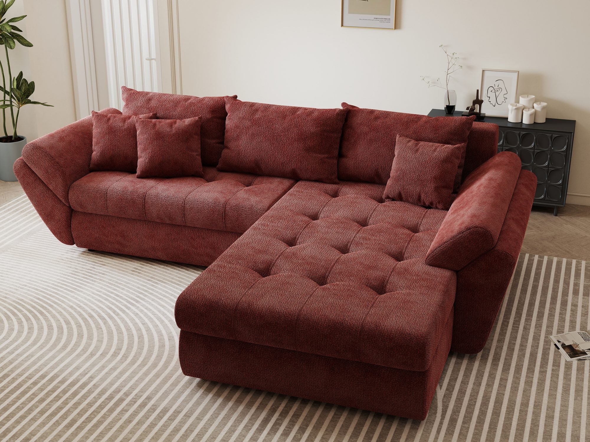 Colțar extensibil dumonde cu ladă de depozitare si sezut confortabil din spuma high-density, Loana Vibe Rosu II 270x185 cm