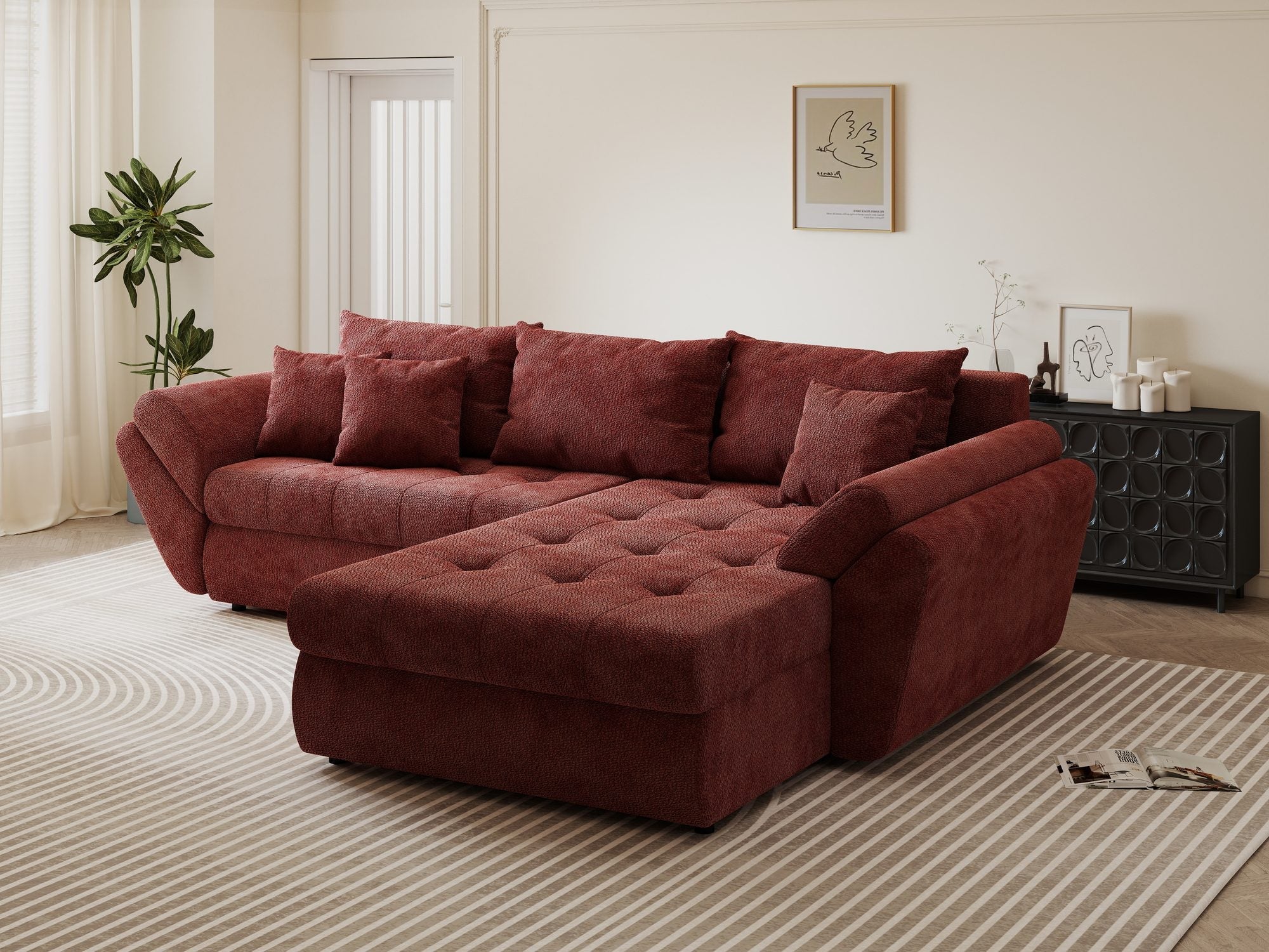 Colțar extensibil dumonde cu ladă de depozitare si sezut confortabil din spuma high-density, Loana Vibe Rosu II 270x185 cm