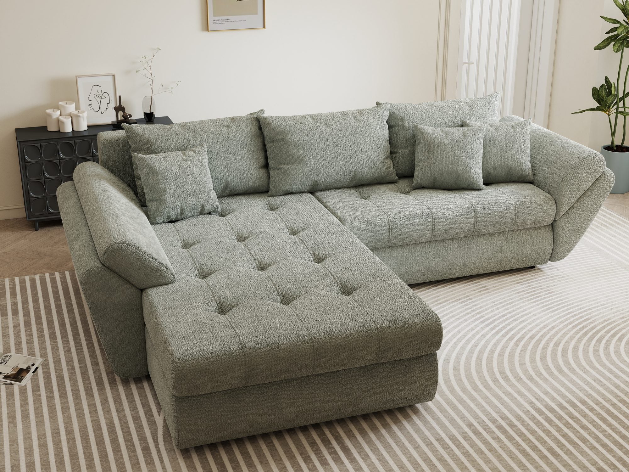 Colțar extensibil dumonde cu ladă de depozitare si sezut confortabil din spuma high-density, Loana Vibe Mint 270x185 cm