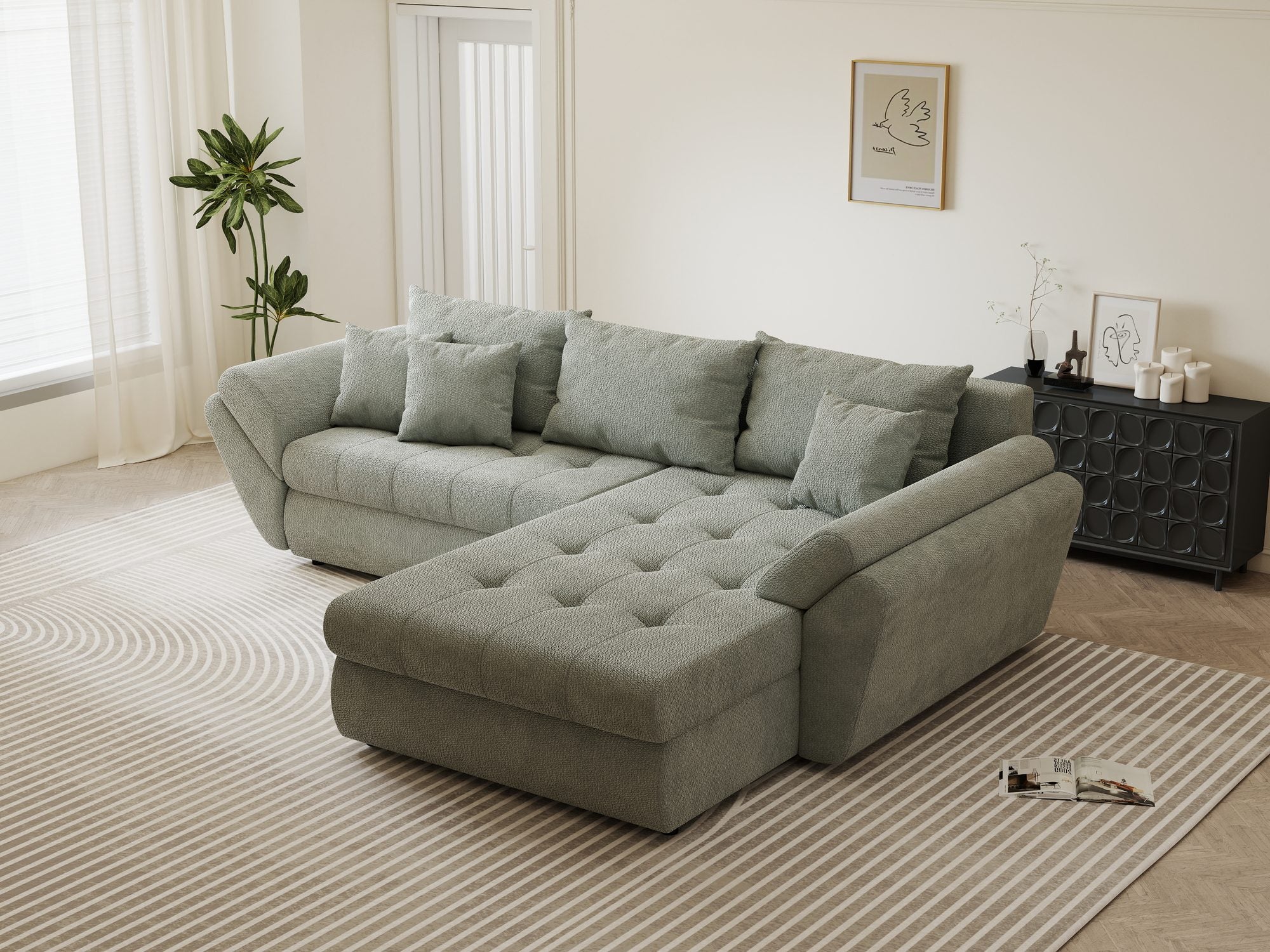 Colțar extensibil dumonde cu ladă de depozitare si sezut confortabil din spuma high-density, Loana Vibe Mint II 270x185 cm