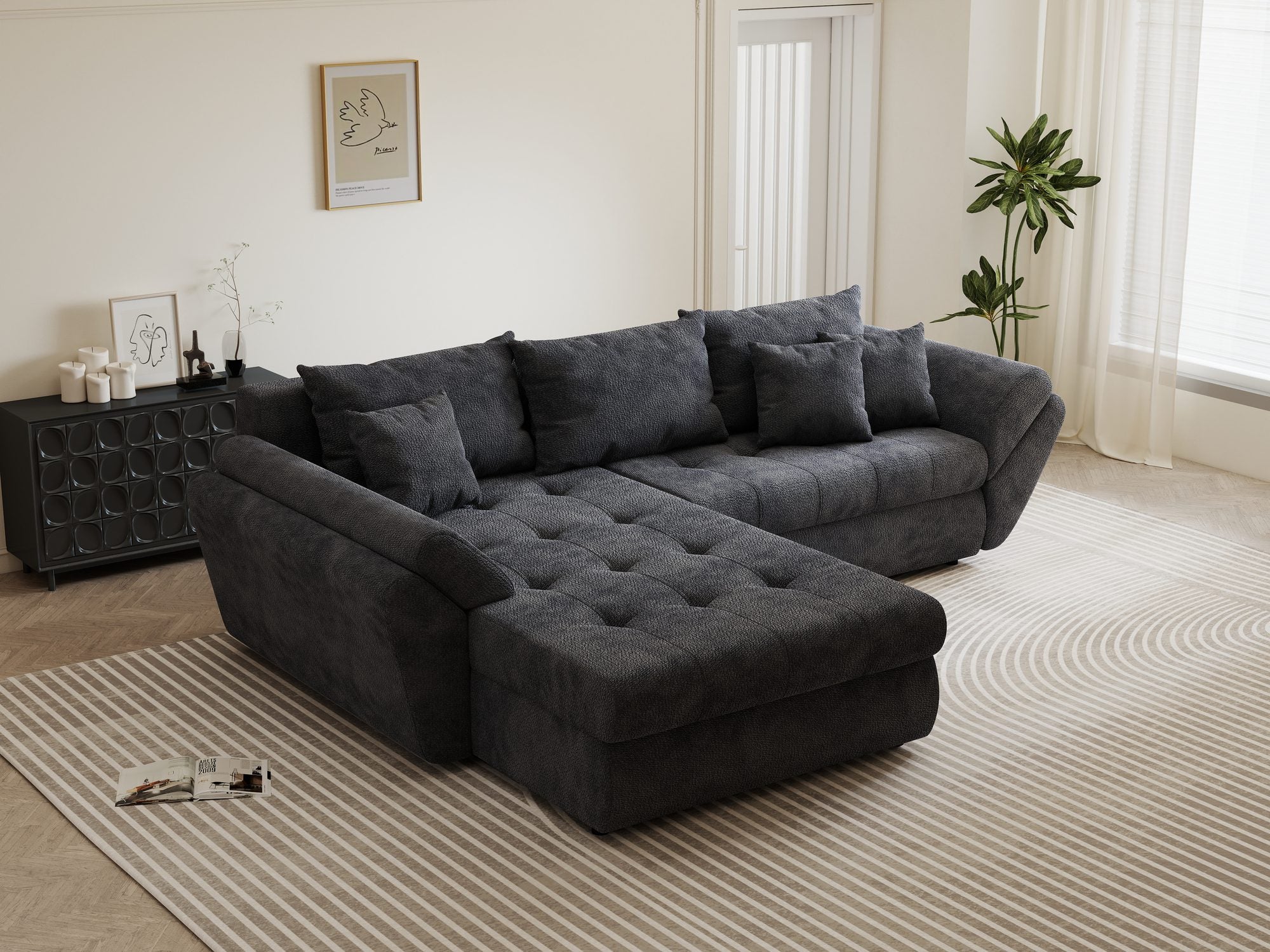 Colțar extensibil dumonde cu ladă de depozitare si sezut confortabil din spuma high-density, Loana Vibe Gri antracit 270x185 cm