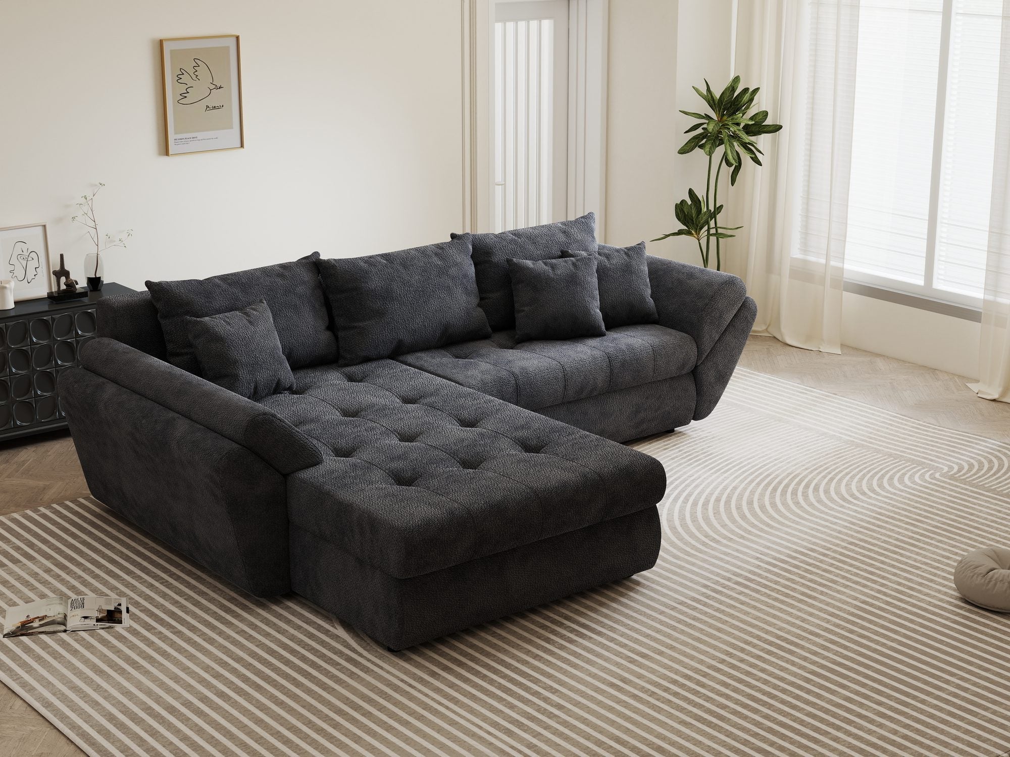 Colțar extensibil dumonde cu ladă de depozitare si sezut confortabil din spuma high-density, Loana Vibe Gri antracit 270x185 cm